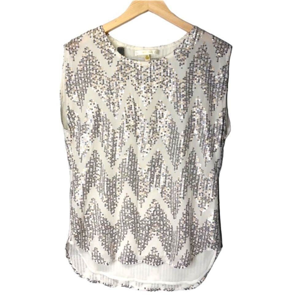 Jenny Han 100% Silk Sleeveless‎ Cream Sequin Boat Neck Blouse Size XS